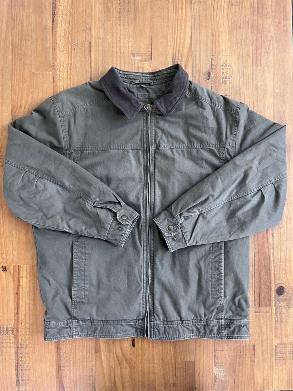 St John’s Bay Men's Olive Green Chore Jacket with Dark Leather Collar XLT
